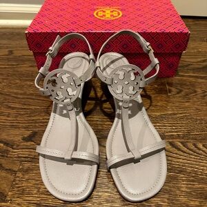 TORY BURCH Gray Miller T-Strap Wedge Sandals Slingback Heels